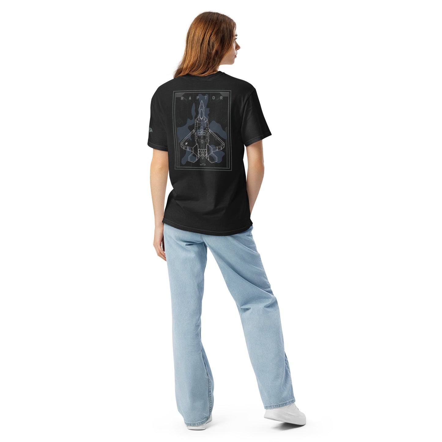 Hand-drawn schematic of the Lockheed Martin F-22 Raptor airframe and camouflage design printed on a standard t-shirt.