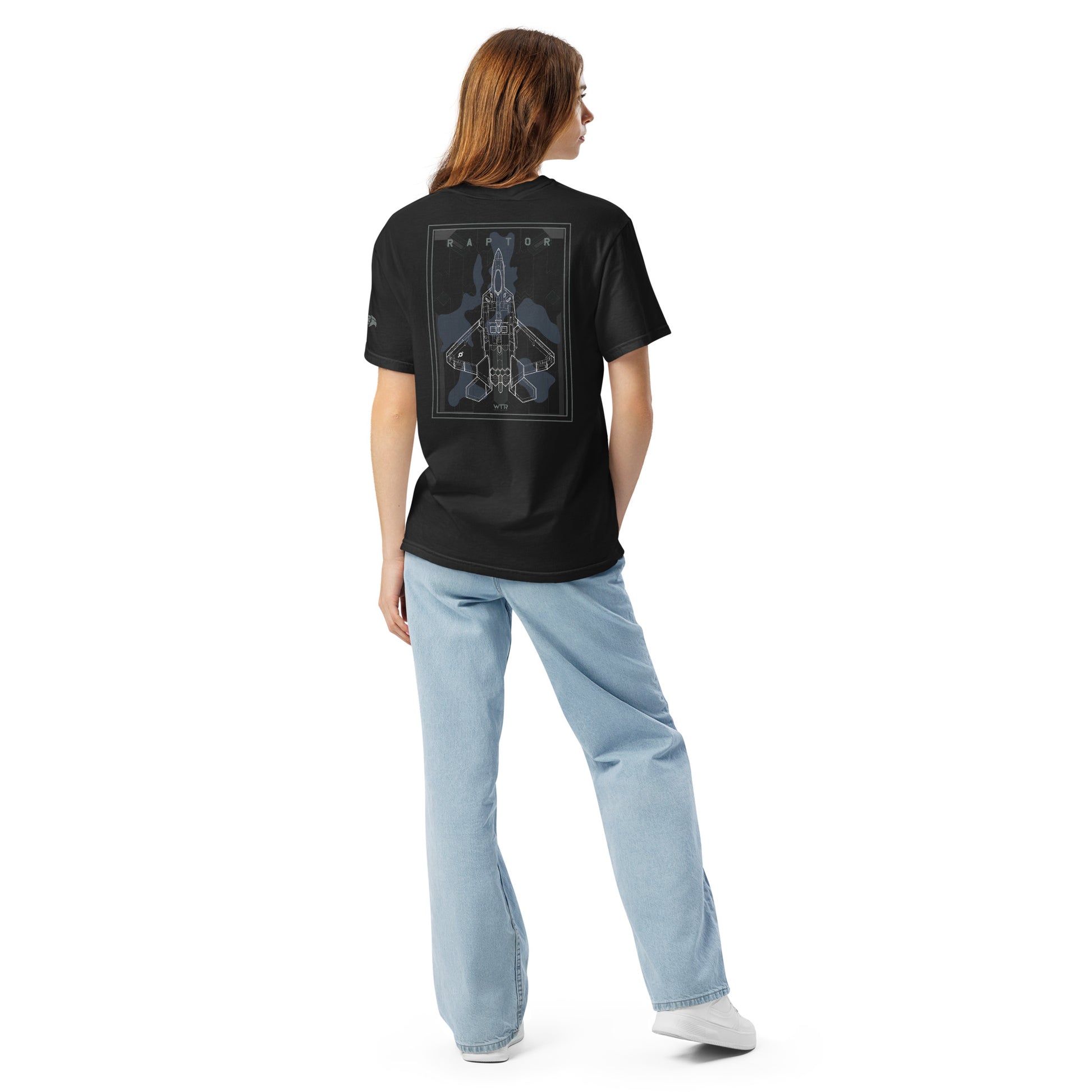 Hand-drawn schematic of the Lockheed Martin F-22 Raptor airframe and camouflage design printed on a standard t-shirt.