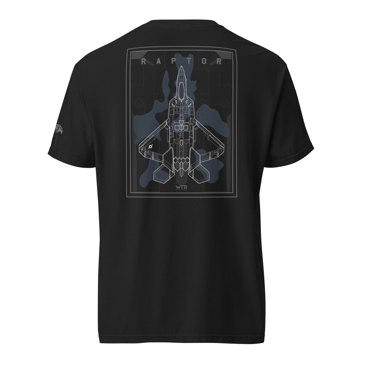 Hand-drawn schematic of the Lockheed Martin F-22 Raptor airframe and camouflage design printed on a standard t-shirt.
