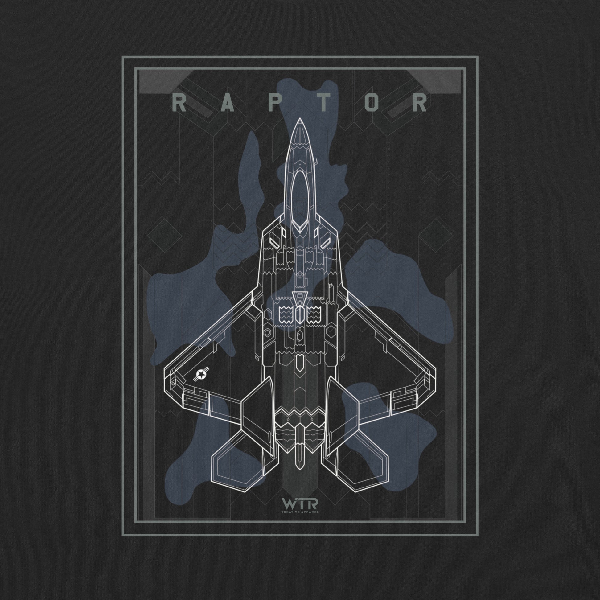 Hand-drawn schematic of the Lockheed Martin F-22 Raptor airframe and camouflage design printed on a standard t-shirt.