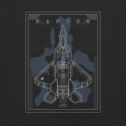 Hand-drawn schematic of the Lockheed Martin F-22 Raptor airframe and camouflage design printed on a standard t-shirt.