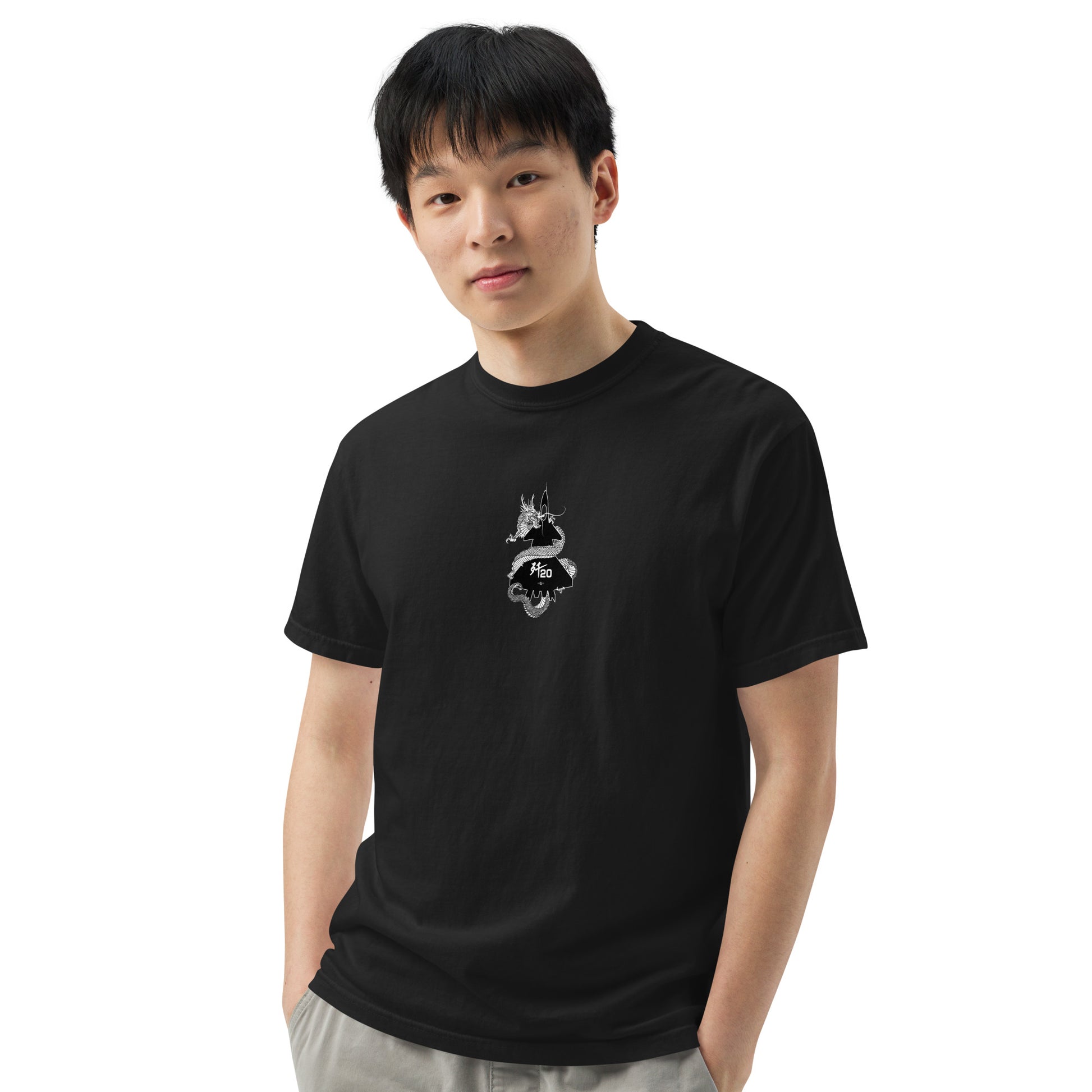 Hand-drawn technical schematic of the Chengdu J-20 Mighty Dragon Chinese stealth fighter on a standard t-shirt.