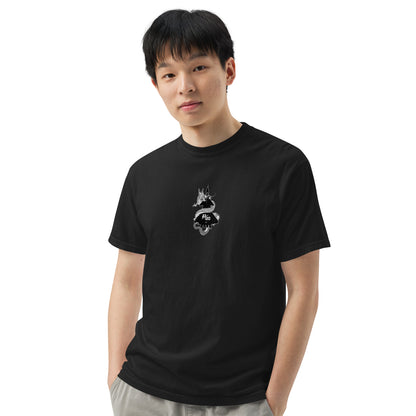Hand-drawn technical schematic of the Chengdu J-20 Mighty Dragon Chinese stealth fighter on a standard t-shirt.