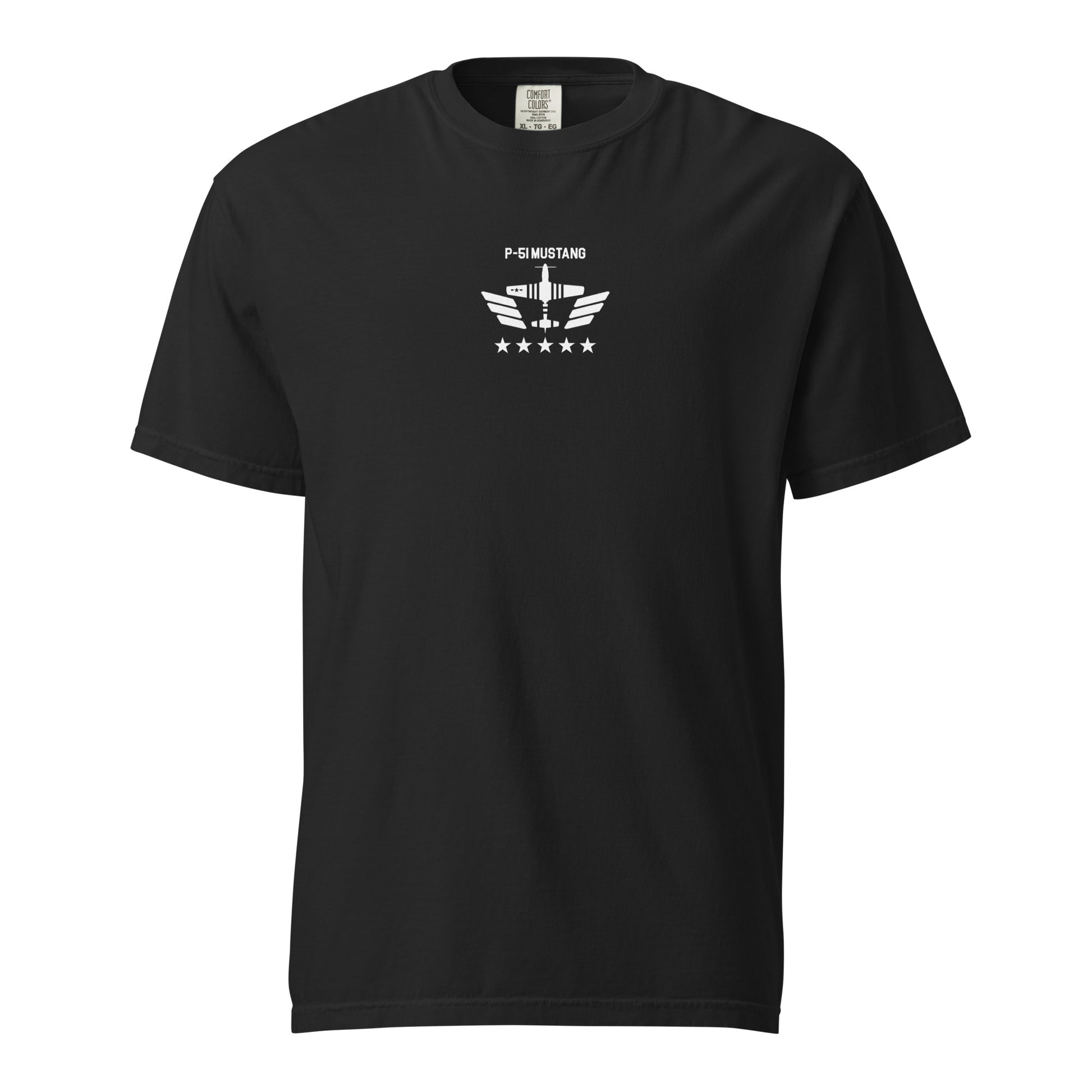 Hand-drawn technical schematic of the North American P-51D Mustang WWII fighter printed on a standard t-shirt.