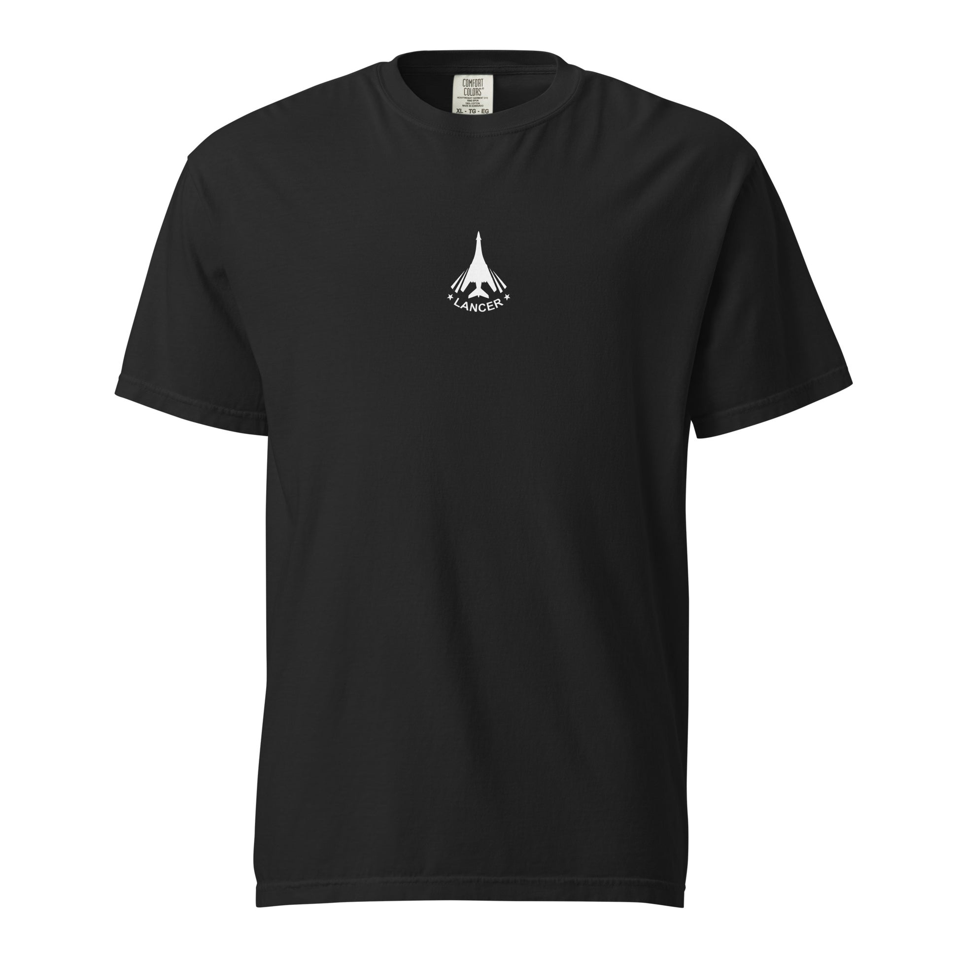 Hand-drawn technical schematic of the Rockwell B-1B Lancer BONE strategic bomber on a standard t-shirt.