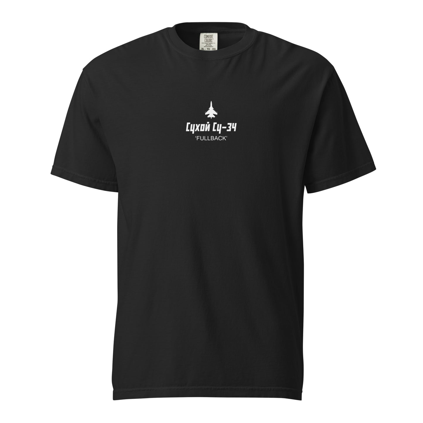 Hand-drawn technical schematic of the Sukhoi SU-34 Fullback fighter-bomber printed on a standard t-shirt.