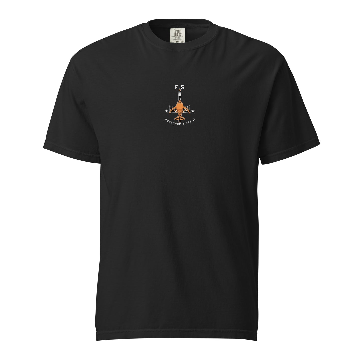 Hand-drawn technical schematic of the Northrop F-5E Tiger II Cold War fighter jet printed on a standard t-shirt.