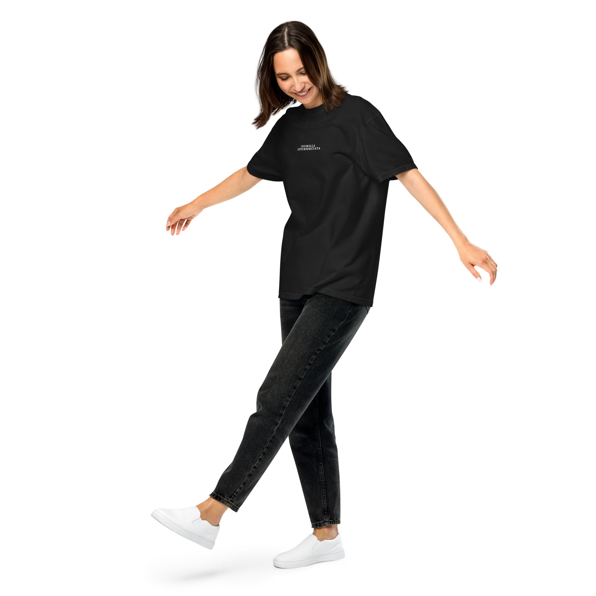 Hand-drawn schematic of the COCCINELLA SEPTEMPUNCTATA LADYBIRD printed on a standard T-shirt.