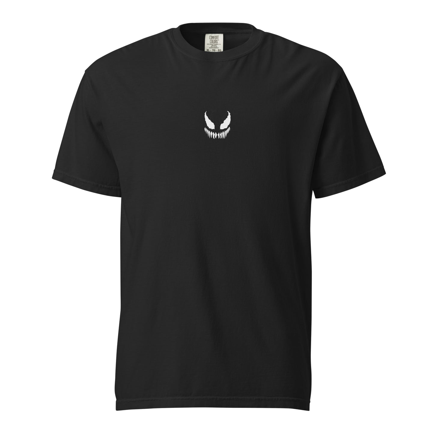 Hand-drawn technical profile of a Venom-inspired monster symbiote anti-hero design printed on a standard t-shirt.