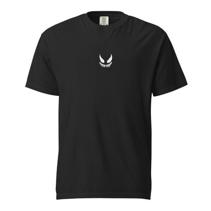 Hand-drawn technical profile of a Venom-inspired monster symbiote anti-hero design printed on a standard t-shirt.