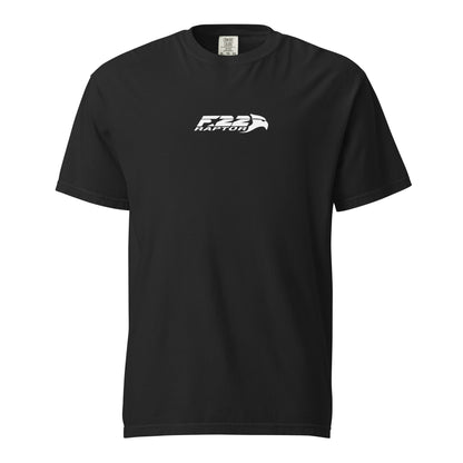 Hand-drawn technical study of the Lockheed Martin F-22 Raptor front canopy and nose section on a standard t-shirt.