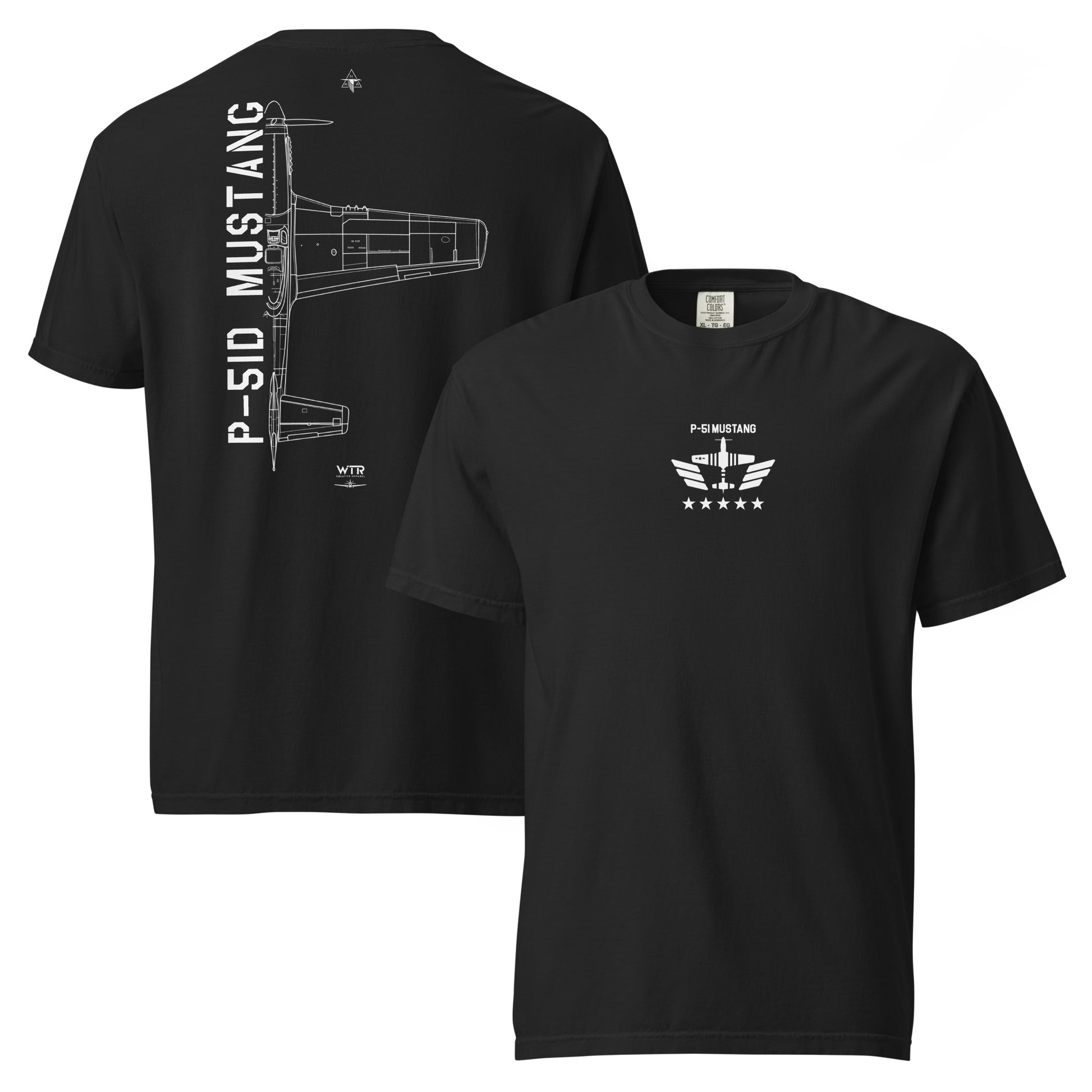 Hand-drawn technical schematic of the North American P-51D Mustang WWII fighter printed on a standard t-shirt.