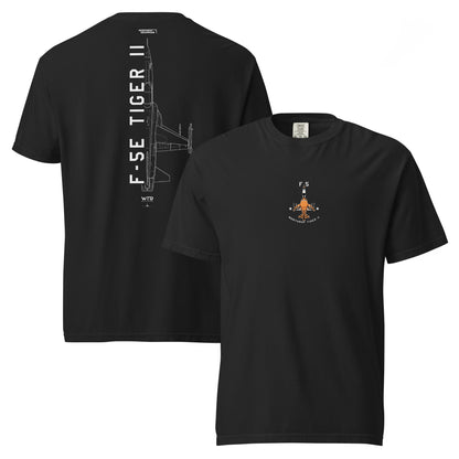 Hand-drawn technical schematic of the Northrop F-5E Tiger II Cold War fighter jet printed on a standard t-shirt.