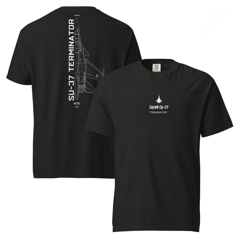 Hand-drawn technical schematic of the Sukhoi SU-37 Terminator air superiority fighter printed on a standard t-shirt.