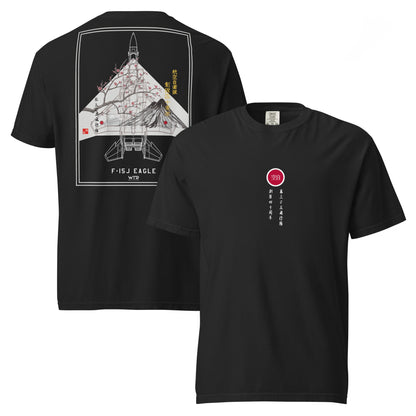 Hand-drawn schematic of the Mitsubishi F-15J Eagle 305th Tactical Fighter Squadron 50 Years livery on a standard t-shirt.