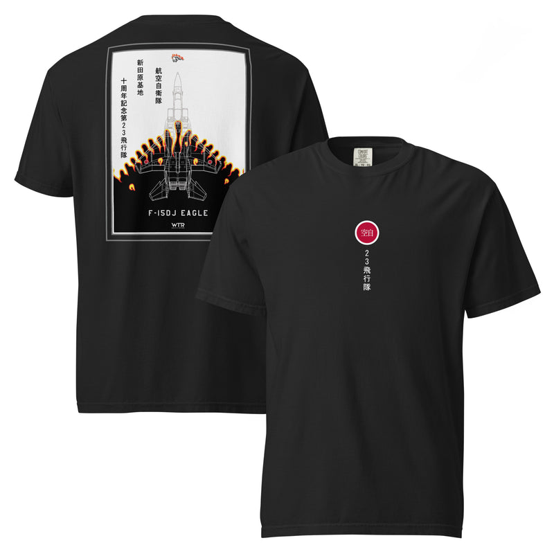 Hand-drawn schematic of the Mitsubishi F-15DJ Eagle 23rd Fighter Squadron 10th Anniversary Flame livery on a standard t-shirt.