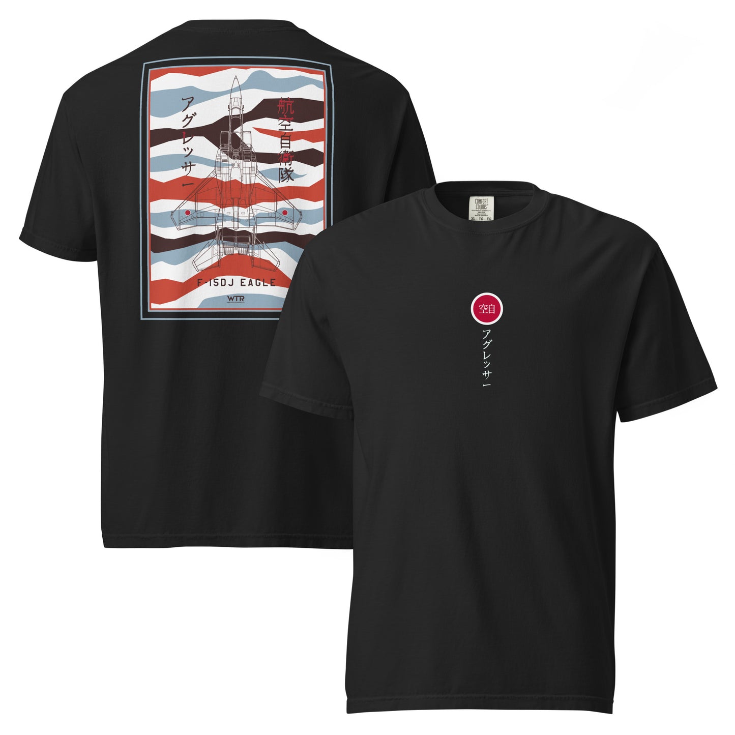 Hand-drawn schematic of the Mitsubishi F-15DJ Eagle Aggressor Minokasago Lionfish livery printed on a standard t-shirt.