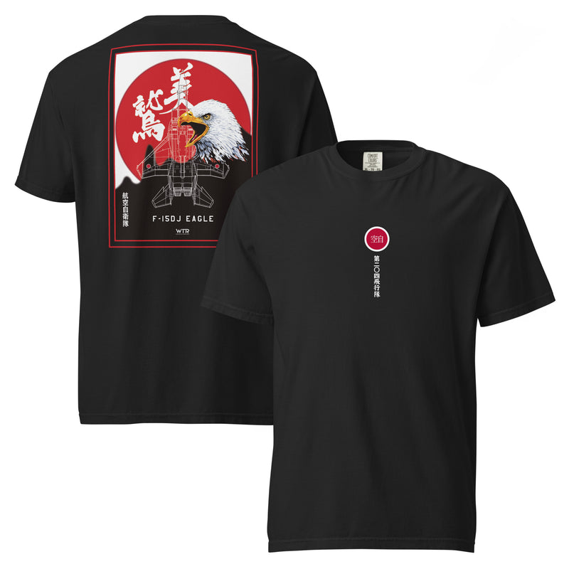 Hand-drawn schematic of the Mitsubishi F-15J Eagle 204th Tactical Fighter Squadron 2024 Churashima Air Fiesta on a standard t-shirt.