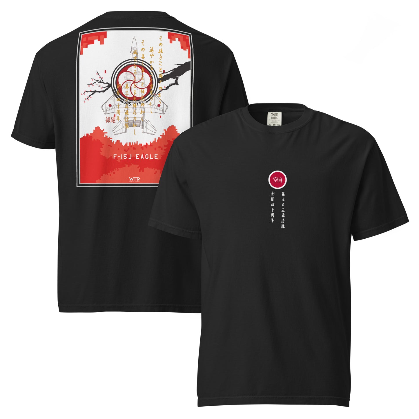Hand-drawn schematic of the Mitsubishi F-15J Eagle 305th Tactical Fighter Squadron 40 Years livery on a standard t-shirt.