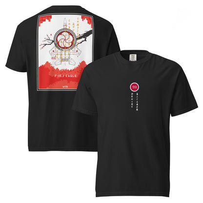 Hand-drawn schematic of the Mitsubishi F-15J Eagle 305th Tactical Fighter Squadron 40 Years livery on a standard t-shirt.