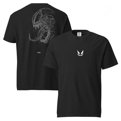 Hand-drawn technical profile of a Venom-inspired monster symbiote anti-hero design printed on a standard t-shirt.