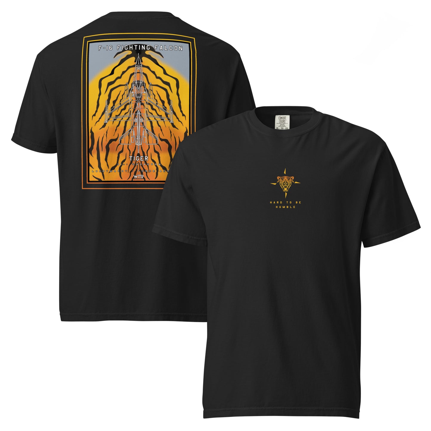 Hand-drawn schematic of the F-16 Belgian Air Force 31st Tiger Squadron 65th Anniversary livery on a standard t-shirt.