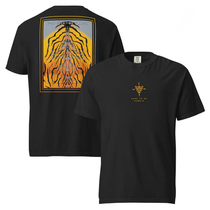 Hand-drawn schematic of the F-16 Belgian Air Force 31st Tiger Squadron 65th Anniversary livery on a standard t-shirt.