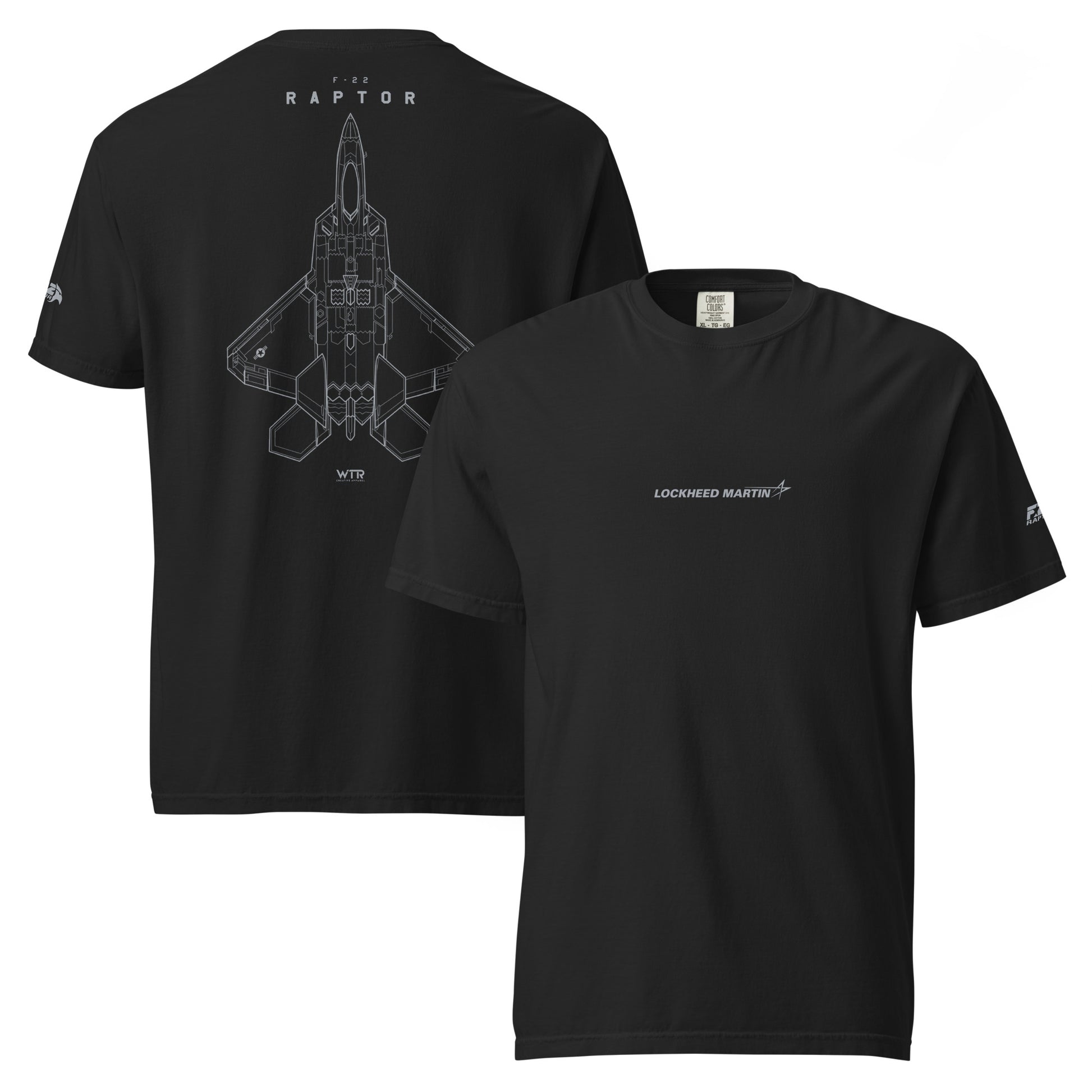 Hand-drawn full schematic of the Lockheed Martin F-22 Raptor printed on a standard t-shirt.