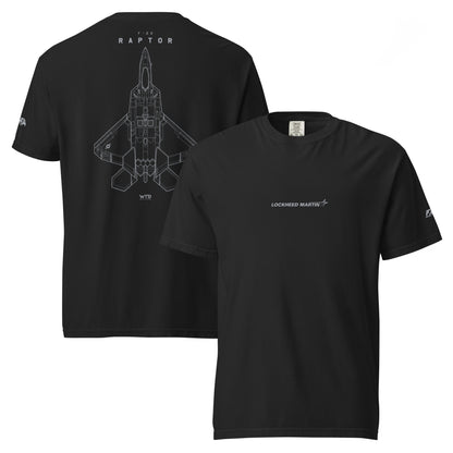 Hand-drawn full schematic of the Lockheed Martin F-22 Raptor printed on a standard t-shirt.