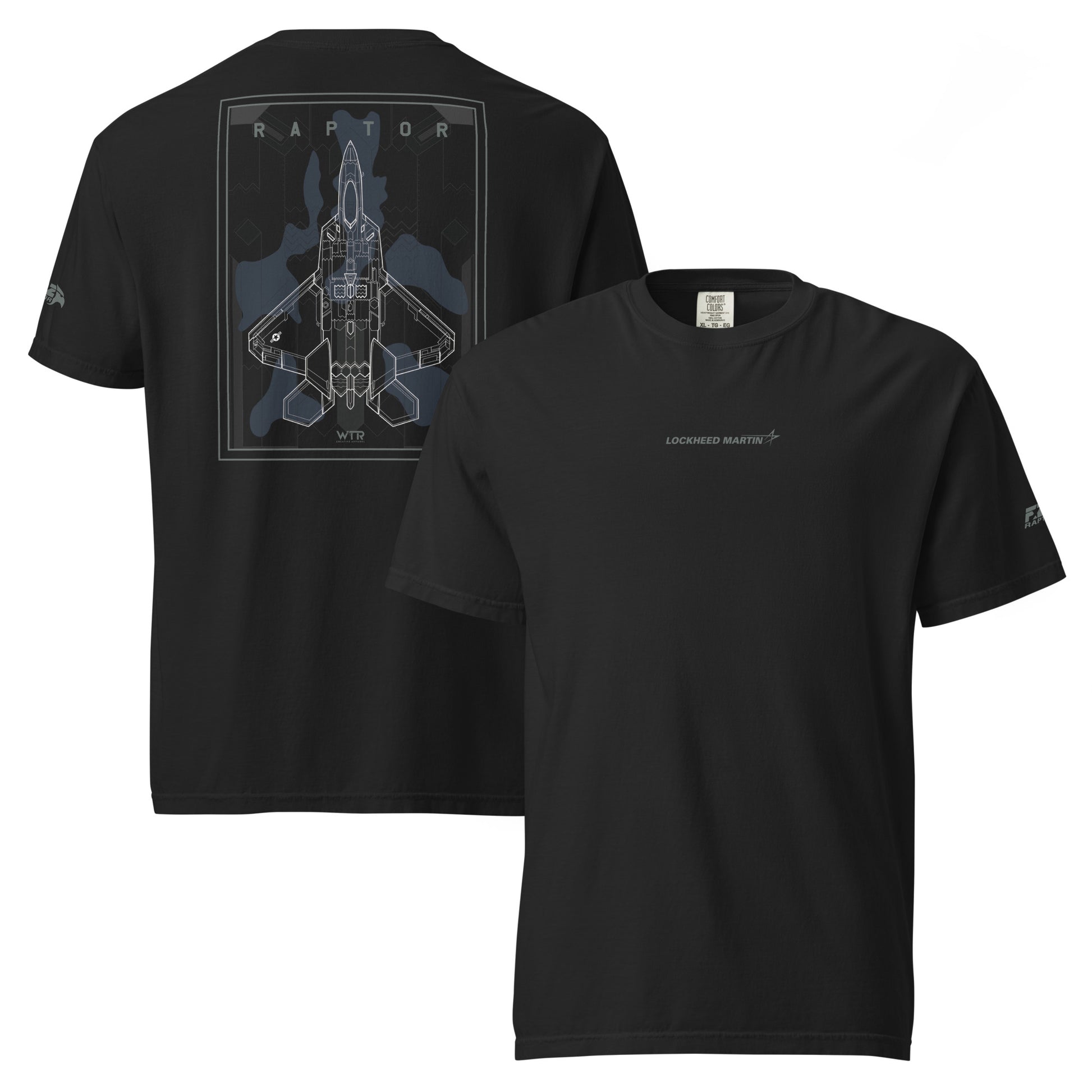 Hand-drawn schematic of the Lockheed Martin F-22 Raptor airframe and camouflage design printed on a standard t-shirt.