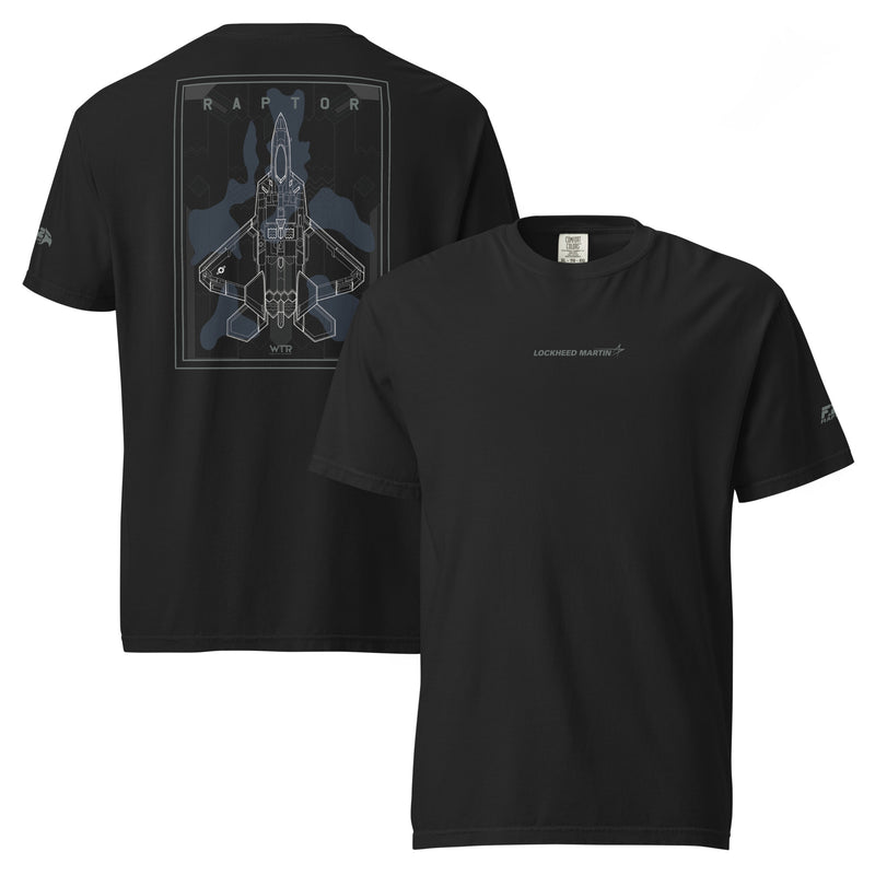 Hand-drawn schematic of the Lockheed Martin F-22 Raptor airframe and camouflage design printed on a standard t-shirt.