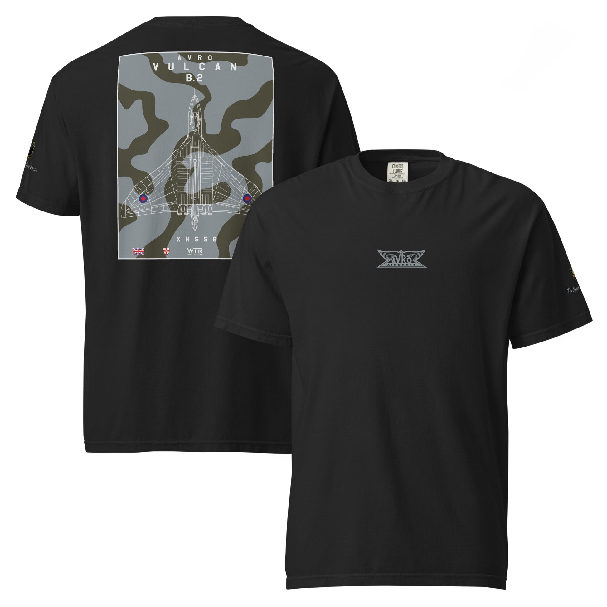 Hand-drawn technical camouflage study of the Avro Vulcan B.2 XH558 strategic bomber printed on a standard t-shirt.