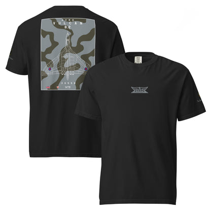 Hand-drawn technical camouflage study of the Avro Vulcan B.2 XH558 strategic bomber printed on a standard t-shirt.