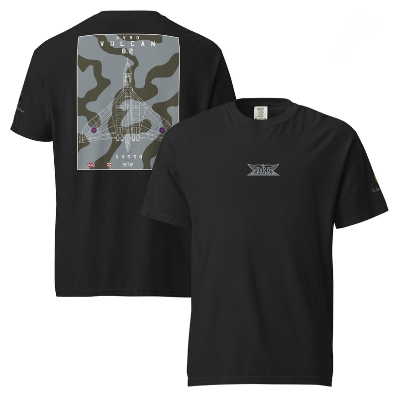 Hand-drawn technical camouflage study of the Avro Vulcan B.2 XH558 strategic bomber printed on a standard t-shirt.