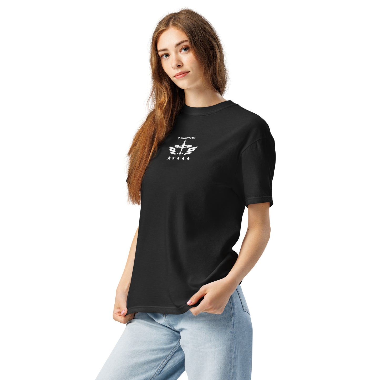 Hand-drawn technical schematic of the North American P-51D Mustang WWII fighter printed on a standard t-shirt.