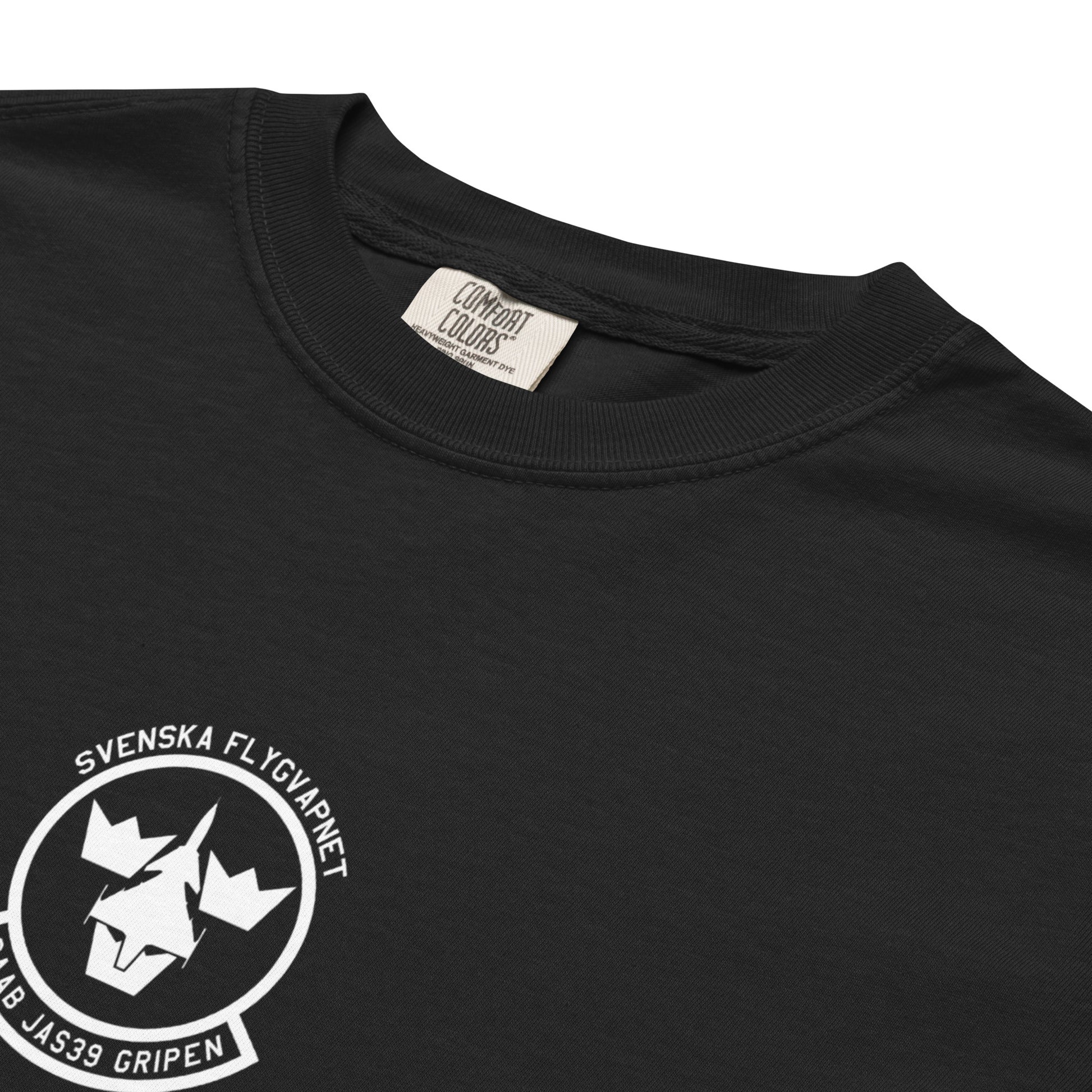 Hand-drawn schematic of the SAAB JAS 39 GRIPEN printed on a standard T-shirt.