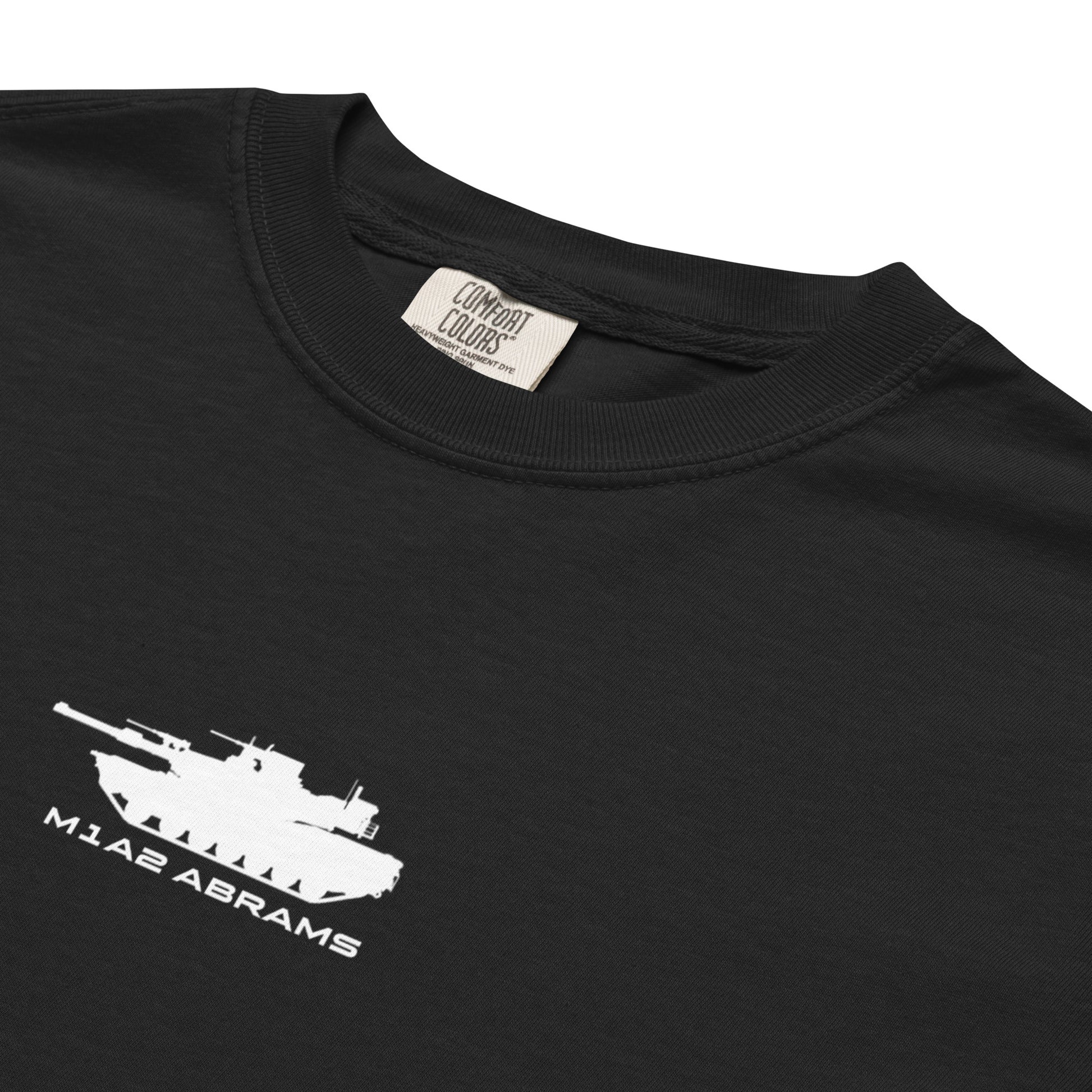 Hand-drawn schematic of the GENERAL DYNAMICS M1A2 ABRAMS TANK printed on a standard T-shirt.