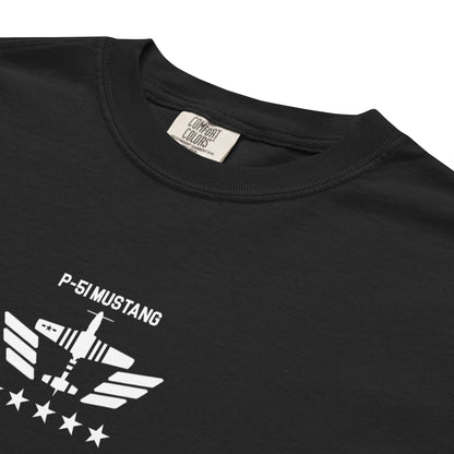 Hand-drawn technical schematic of the North American P-51D Mustang WWII fighter printed on a standard t-shirt.