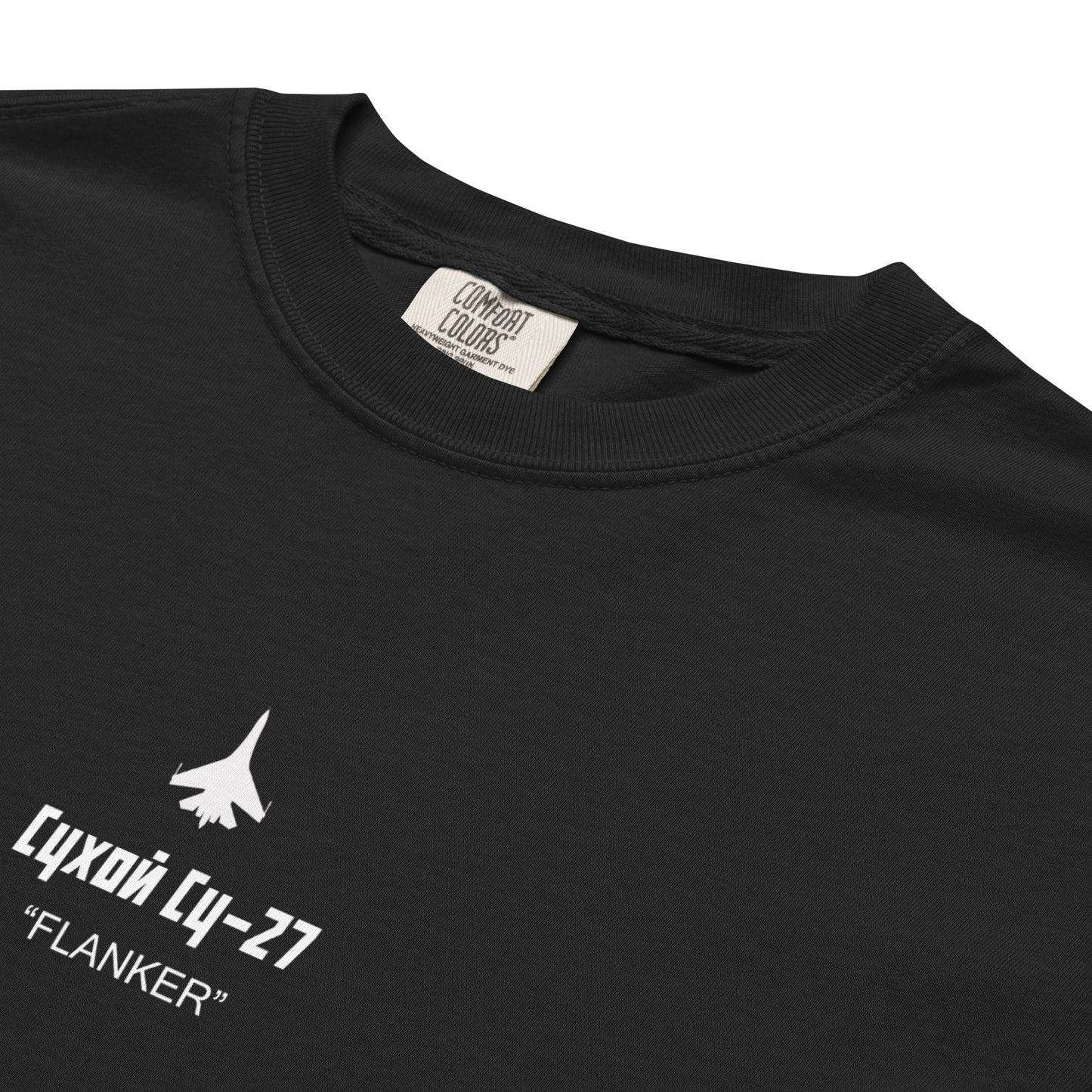 Hand-drawn technical schematic of the Sukhoi SU-27 Flanker supermaneuverable fighter on a standard t-shirt.