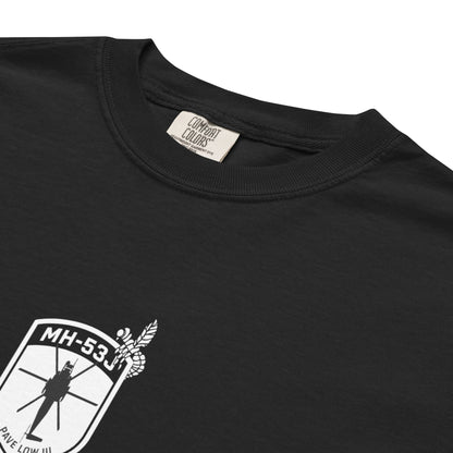 Hand-drawn schematic of the SIKORSKY MH-53J PAVE LOW printed on a standard T-shirt.