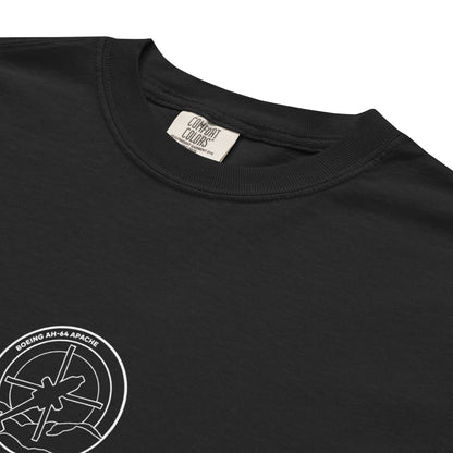 BOEING AH-64E APACHE GUARDIAN — hand-drawn attack helicopter artwork printed on standard T-shirt.