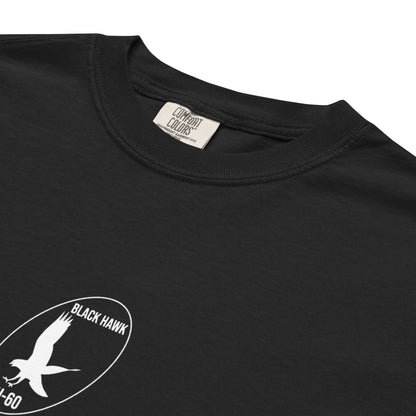 Hand-drawn technical schematic of the Sikorsky UH-60M Black Hawk military helicopter on a standard t-shirt.