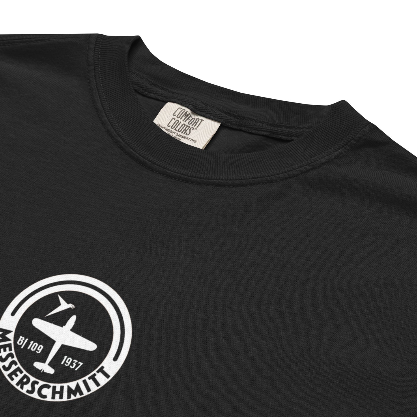 Hand-drawn schematic of the MESSERSCHMITT BF-109 printed on a standard T-shirt.