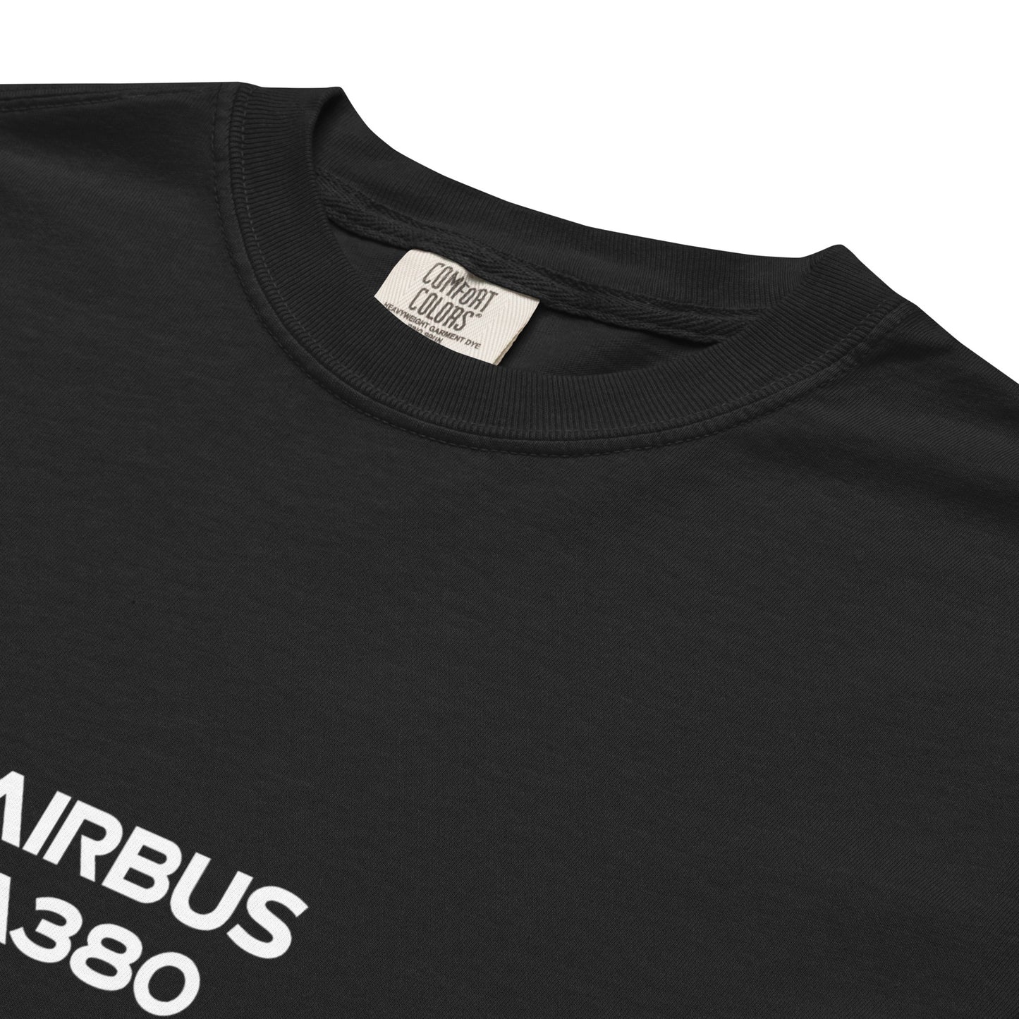 Hand-drawn schematic of the AIRBUS A380 SUPERJUMBO printed on a standard T-shirt.