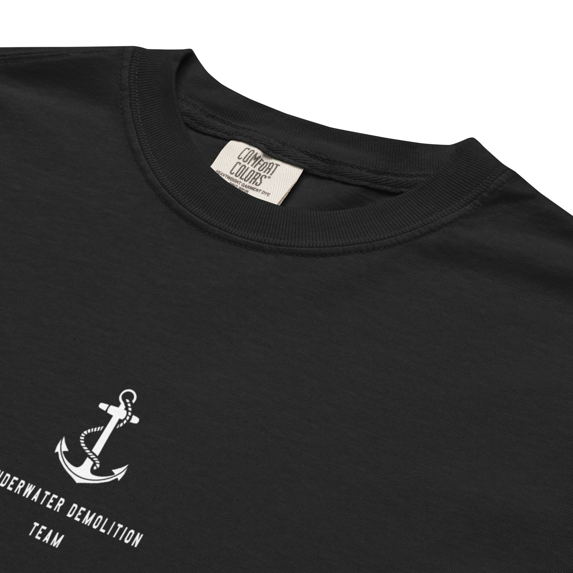 Hand-drawn schematic of the US NAVY UNDERWATER DEMOLITION TEAM UDT printed on a standard T-shirt.
