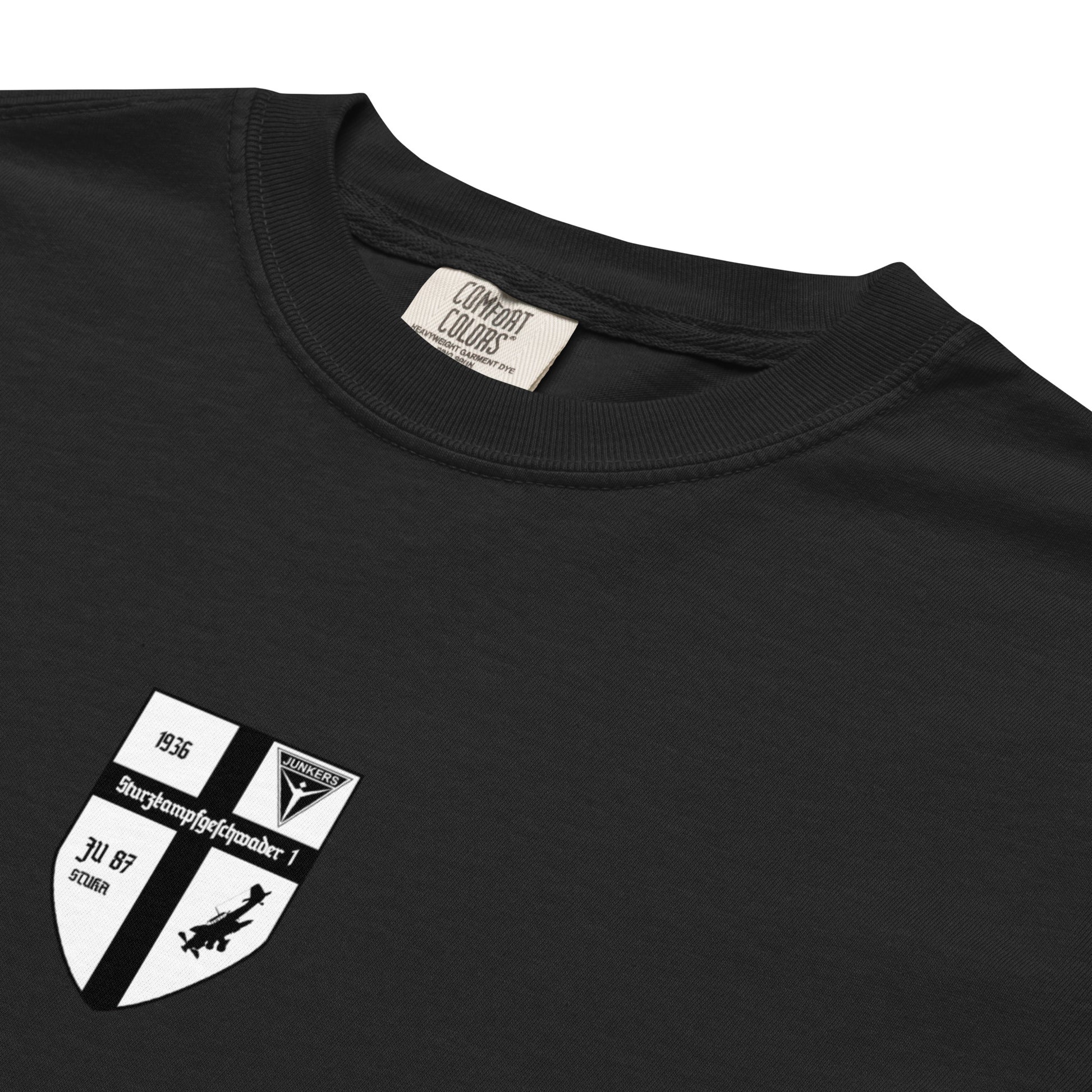 Hand-drawn schematic of the JUNKERS JU-87 STUKA DIVE BOMBER printed on a standard T-shirt.