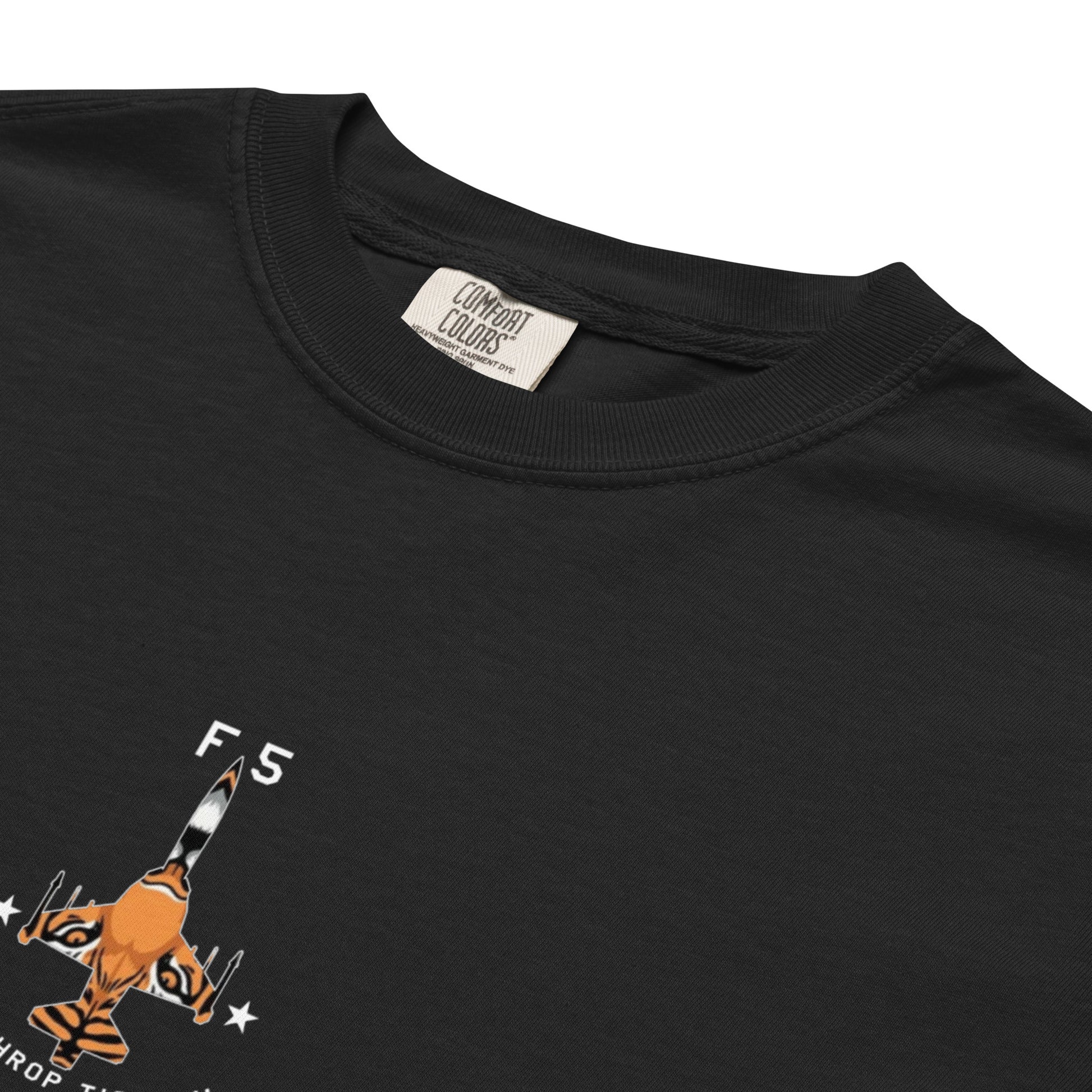 Hand-drawn technical schematic of the Northrop F-5E Tiger II Cold War fighter jet printed on a standard t-shirt.