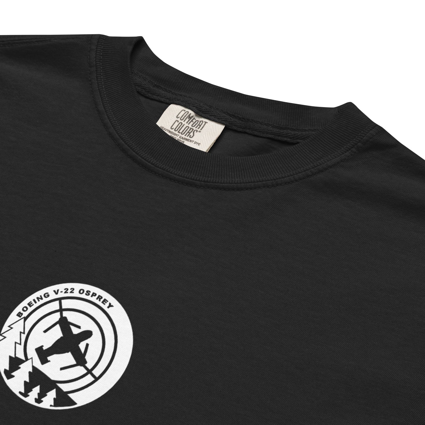 Hand-drawn schematic of the BELL BOEING MV-22 OSPREY printed on a standard T-shirt.