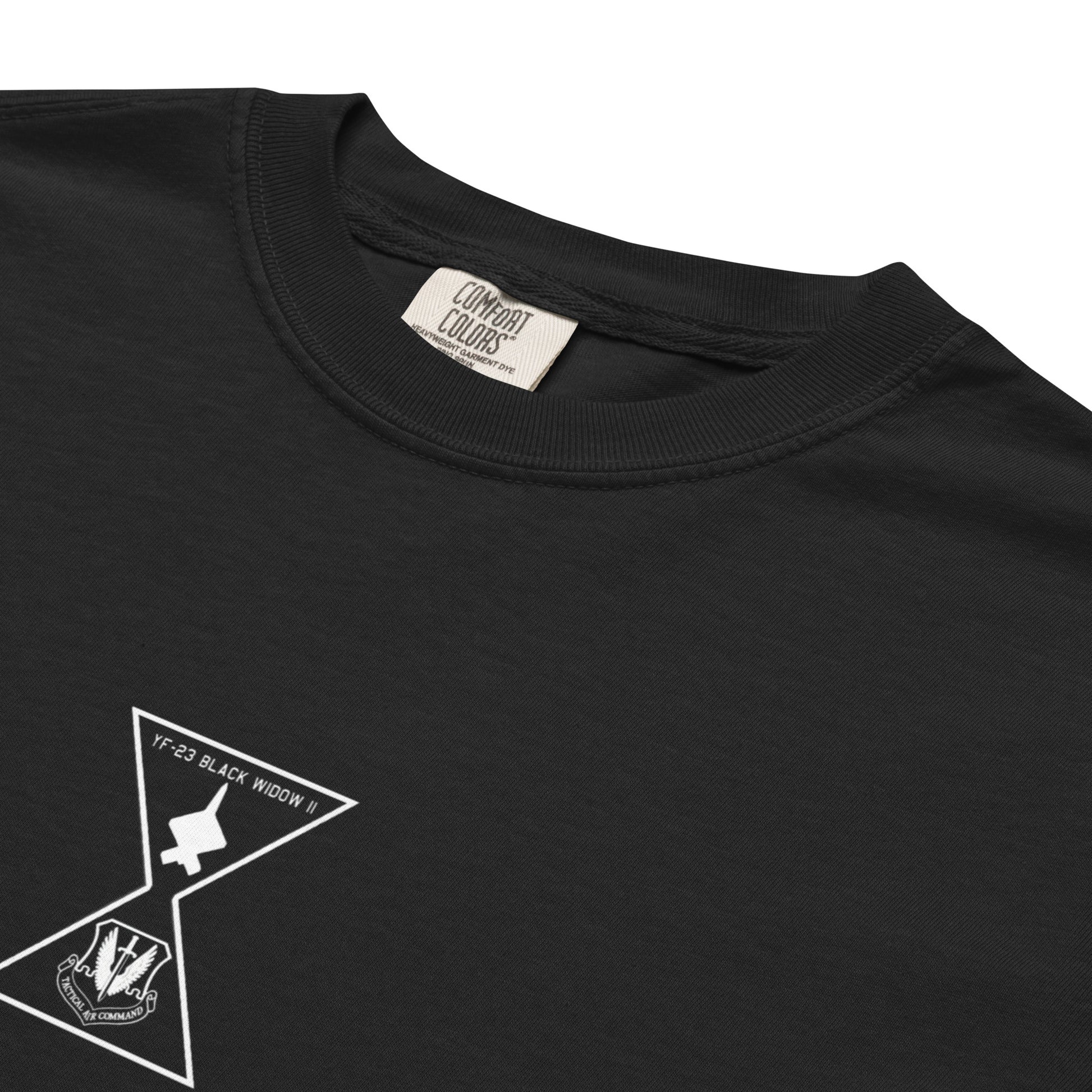 Hand-drawn schematic of the Northrop YF-23 Black Widow II stealth prototype fighter printed on a standard t-shirt.
