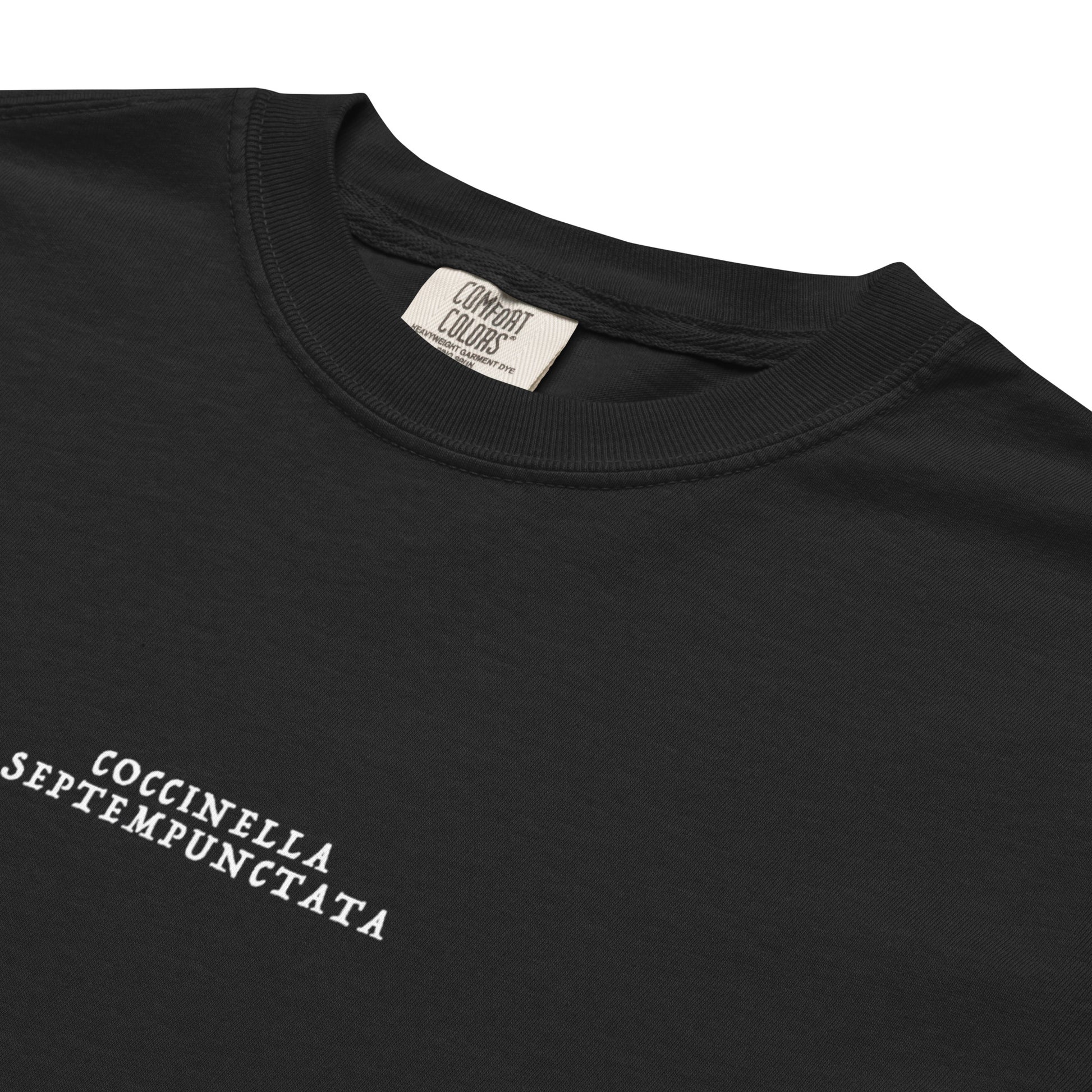 Hand-drawn schematic of the COCCINELLA SEPTEMPUNCTATA LADYBIRD printed on a standard T-shirt.